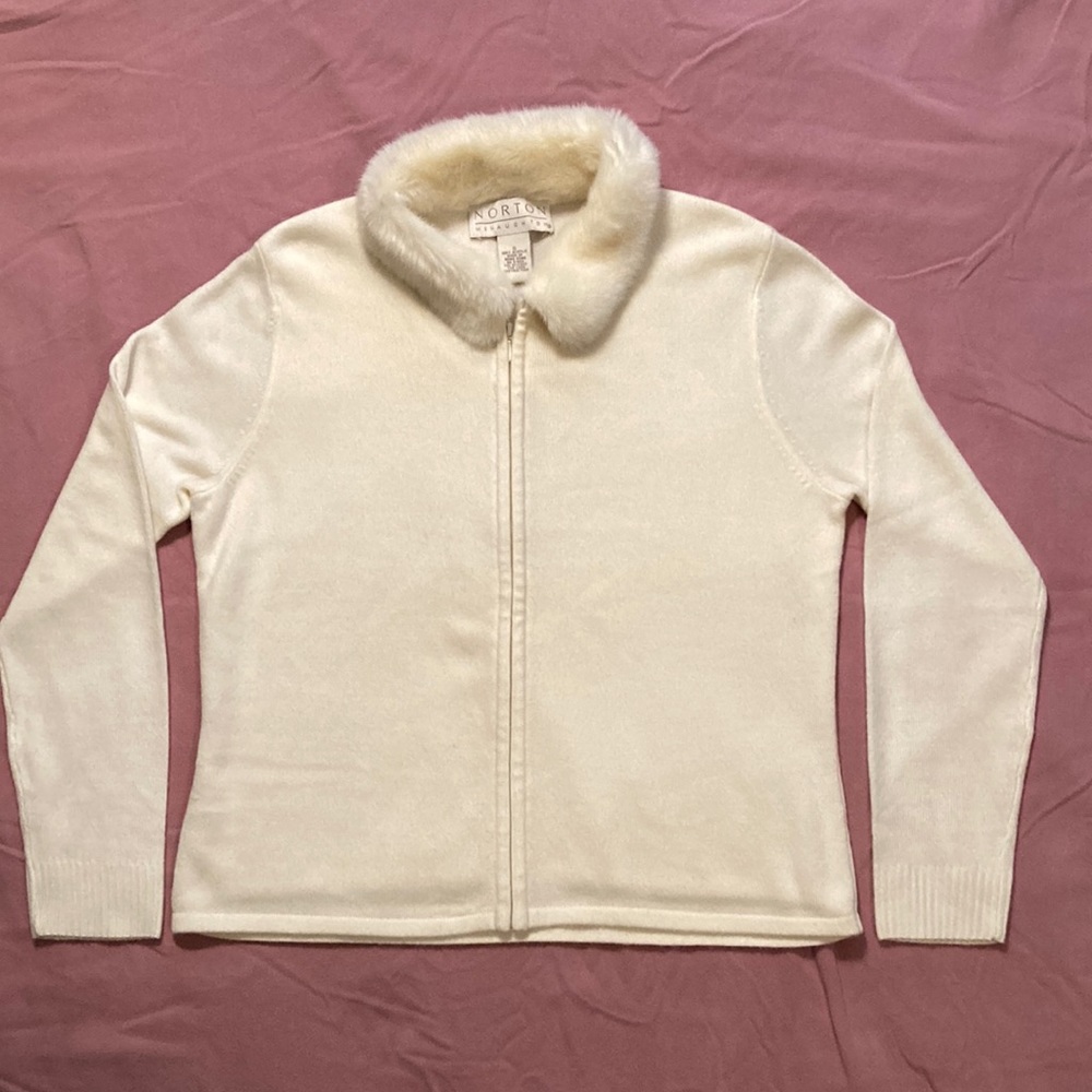 Norton McNaughton Full Zip Knit Sweater Faux Fur Collar White Women’s Size Small